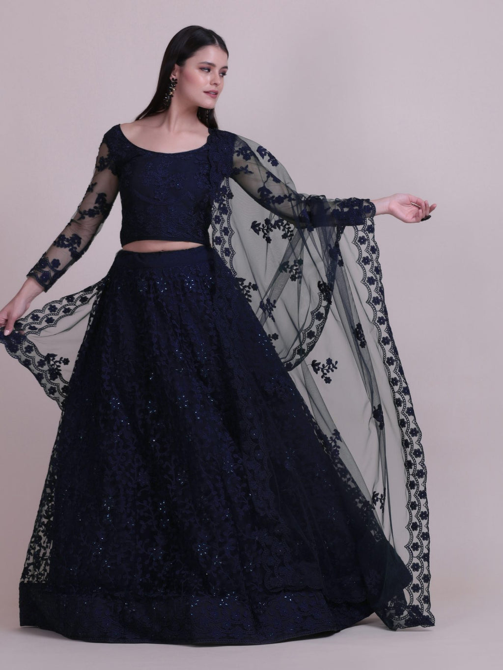 Elegant Navy Blue Sequin Embroidered Festive & Party Wear Semi-Stitched Net Lehenga Choli with Designer Sleeve Work