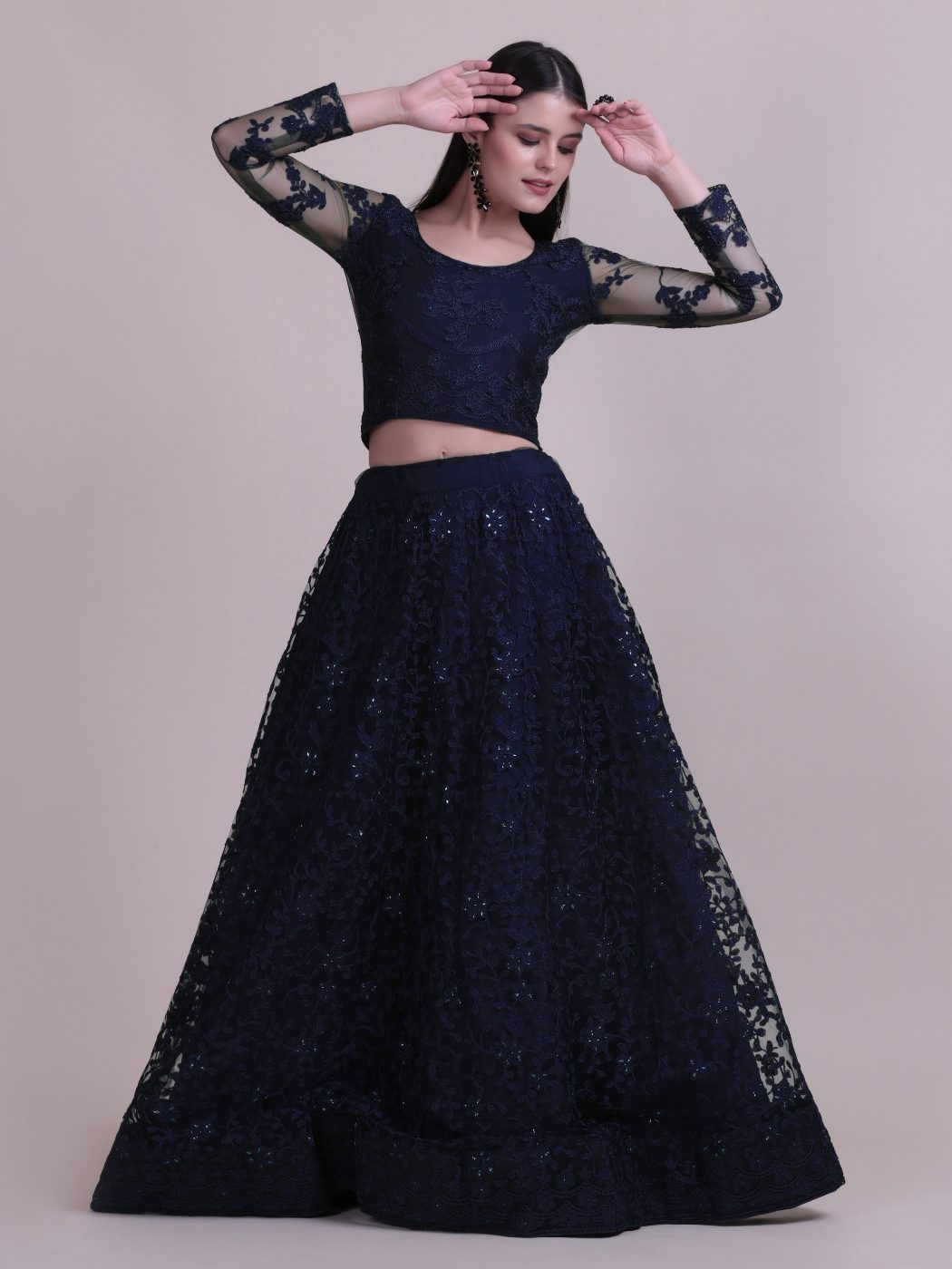 Elegant Navy Blue Sequin Embroidered Festive & Party Wear Semi-Stitched Net Lehenga Choli with Designer Sleeve Work