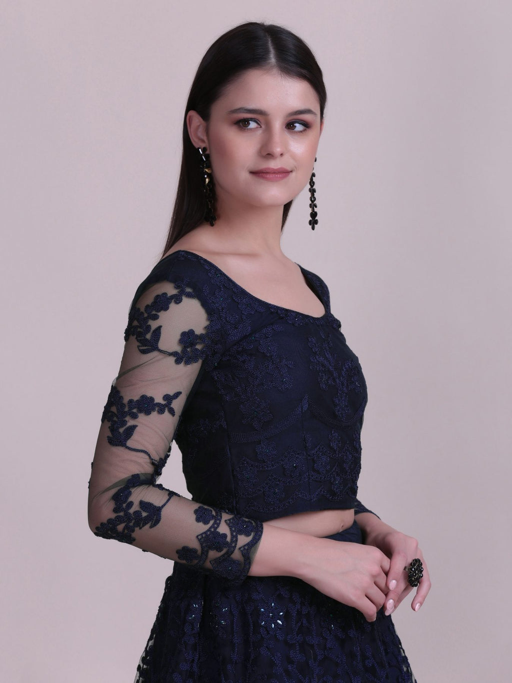 Elegant Navy Blue Sequin Embroidered Festive & Party Wear Semi-Stitched Net Lehenga Choli with Designer Sleeve Work