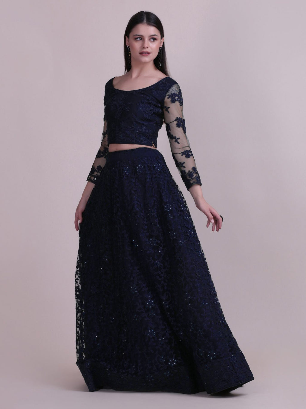 Elegant Navy Blue Sequin Embroidered Festive & Party Wear Semi-Stitched Net Lehenga Choli with Designer Sleeve Work