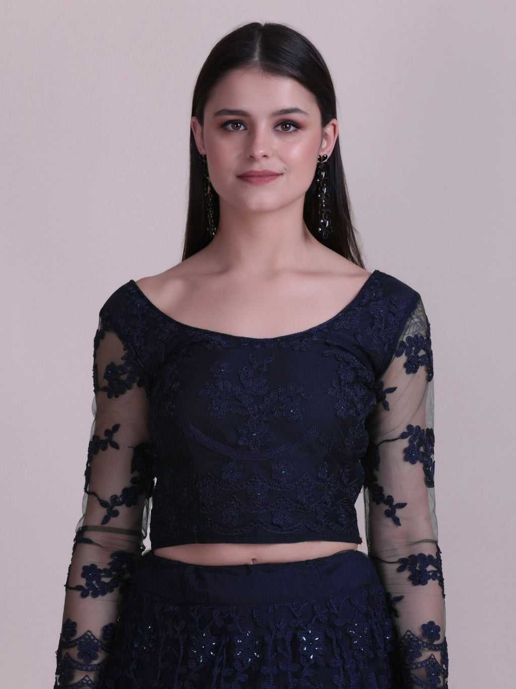 Elegant Navy Blue Sequin Embroidered Festive & Party Wear Semi-Stitched Net Lehenga Choli with Designer Sleeve Work