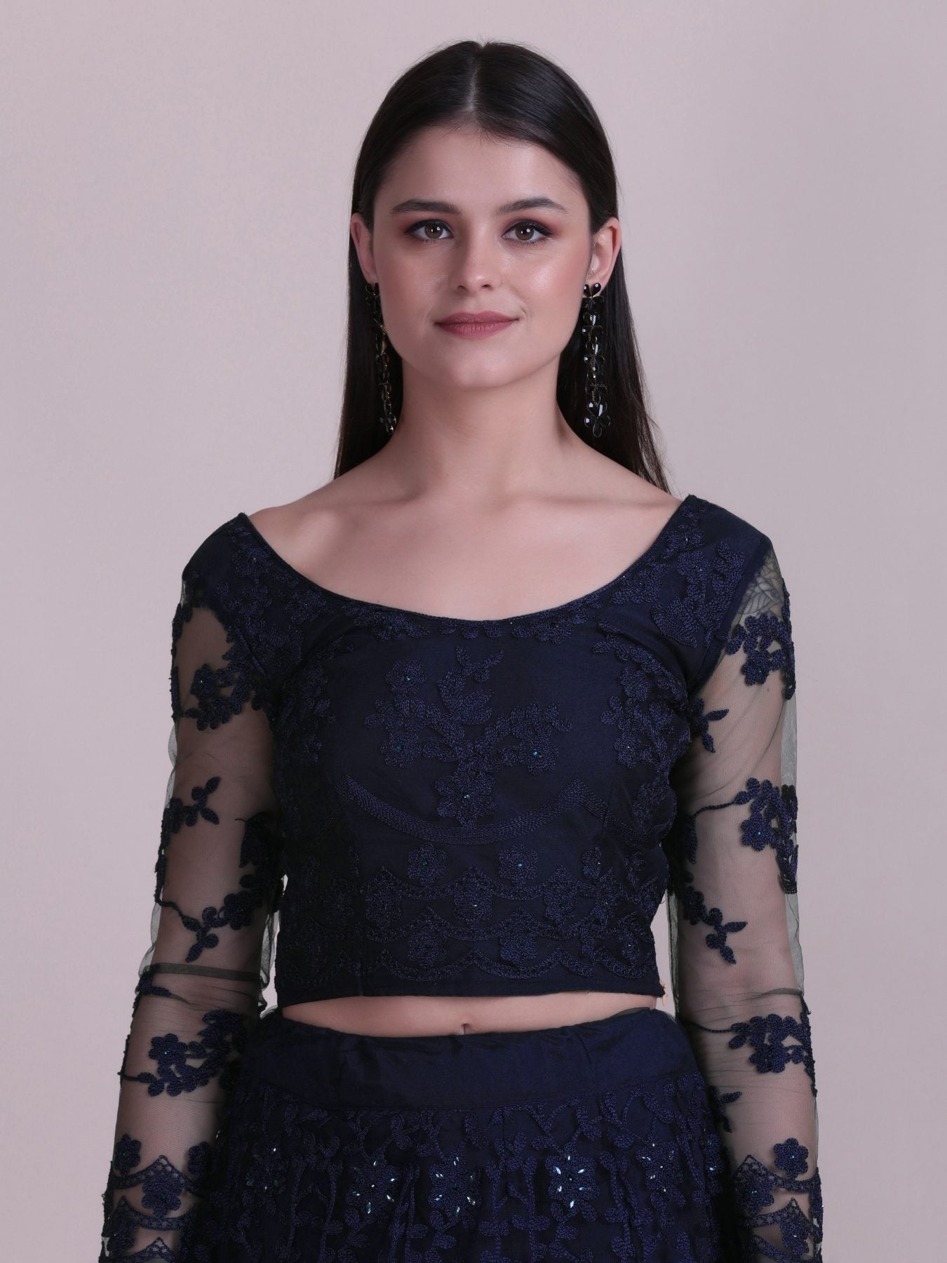 Elegant Navy Blue Sequin Embroidered Festive & Party Wear Semi-Stitched Net Lehenga Choli with Designer Sleeve Work