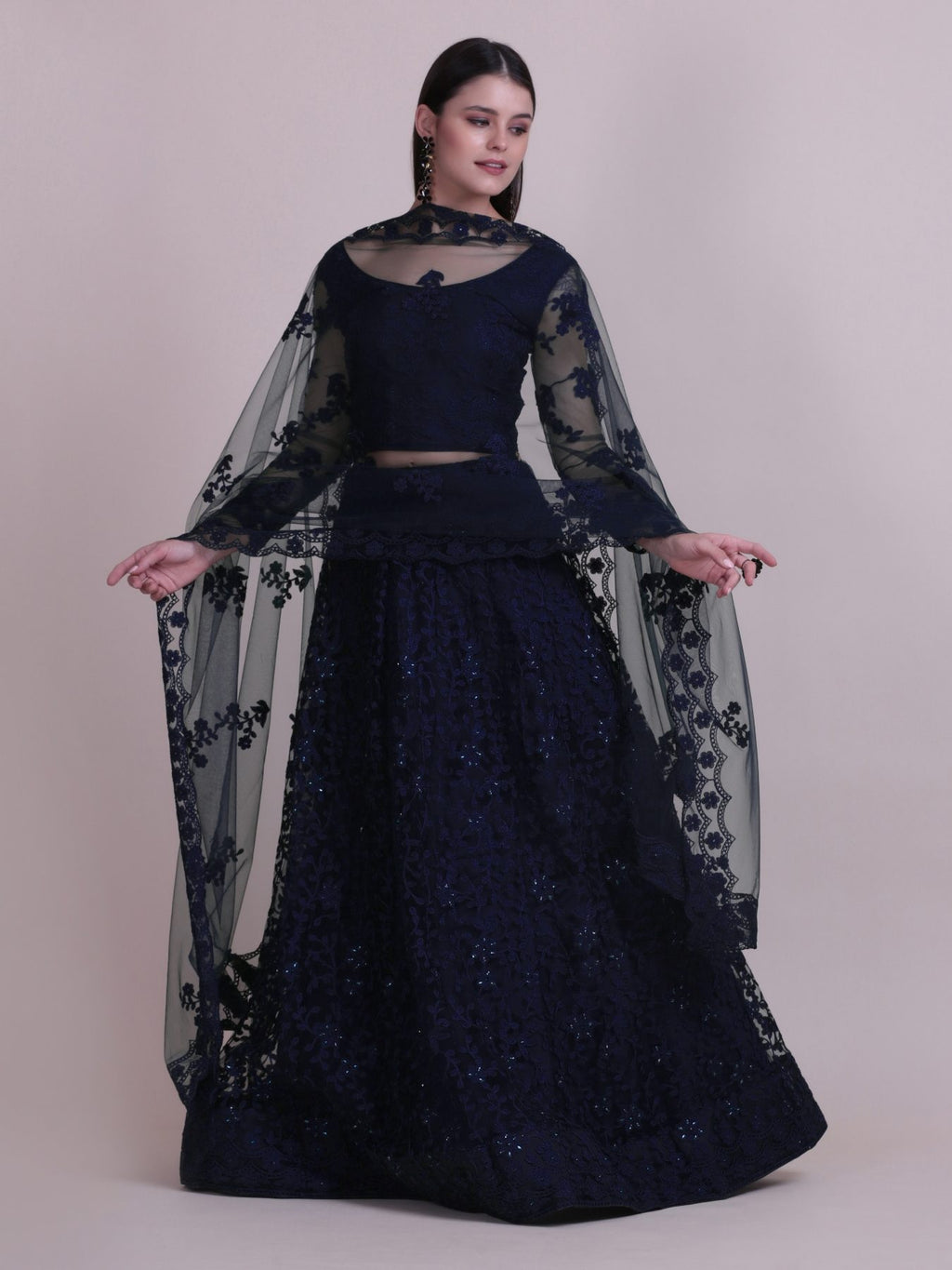 Elegant Navy Blue Sequin Embroidered Festive & Party Wear Semi-Stitched Net Lehenga Choli with Designer Sleeve Work