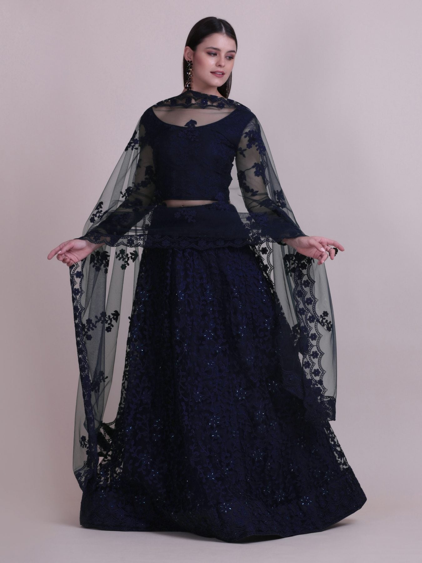 Elegant Navy Blue Sequin Embroidered Festive & Party Wear Semi-Stitched Net Lehenga Choli with Designer Sleeve Work