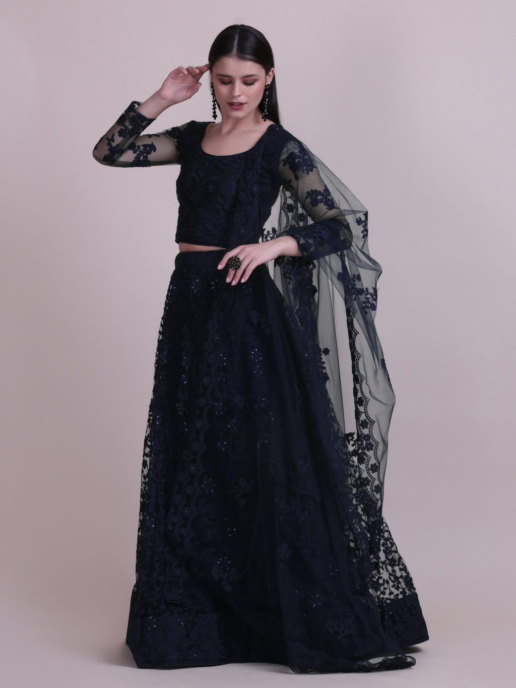 Elegant Navy Blue Sequin Embroidered Festive & Party Wear Semi-Stitched Net Lehenga Choli with Designer Sleeve Work