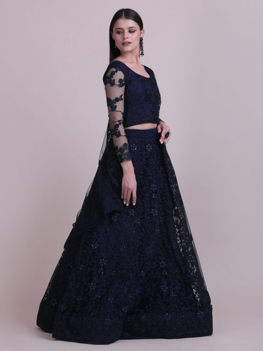Elegant Navy Blue Sequin Embroidered Festive & Party Wear Semi-Stitched Net Lehenga Choli with Designer Sleeve Work