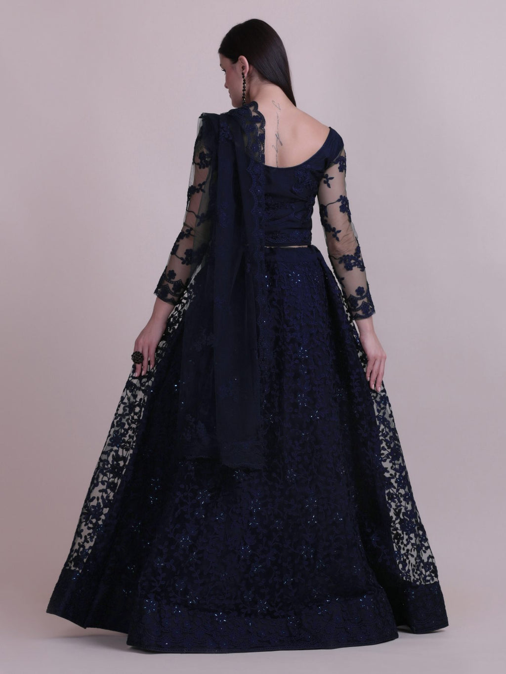 Elegant Navy Blue Sequin Embroidered Festive & Party Wear Semi-Stitched Net Lehenga Choli with Designer Sleeve Work