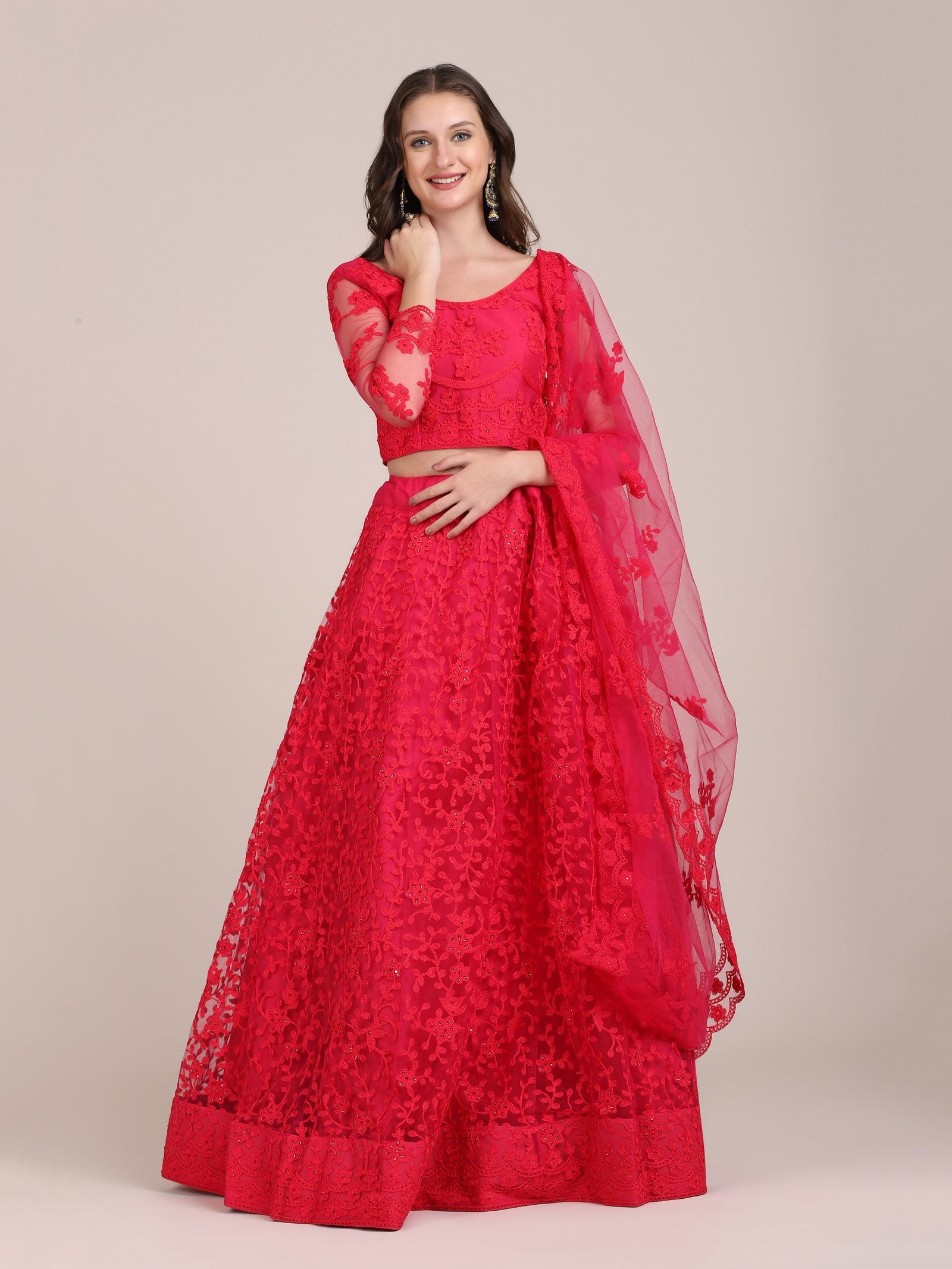 Elegant Pink Sequin Embroidered Festive & Party Wear Semi-Stitched Net Lehenga Choli with Designer Sleeve Work