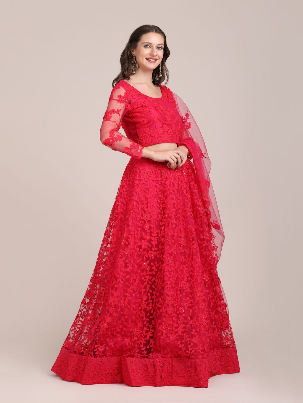 Elegant Pink Sequin Embroidered Festive & Party Wear Semi-Stitched Net Lehenga Choli with Designer Sleeve Work