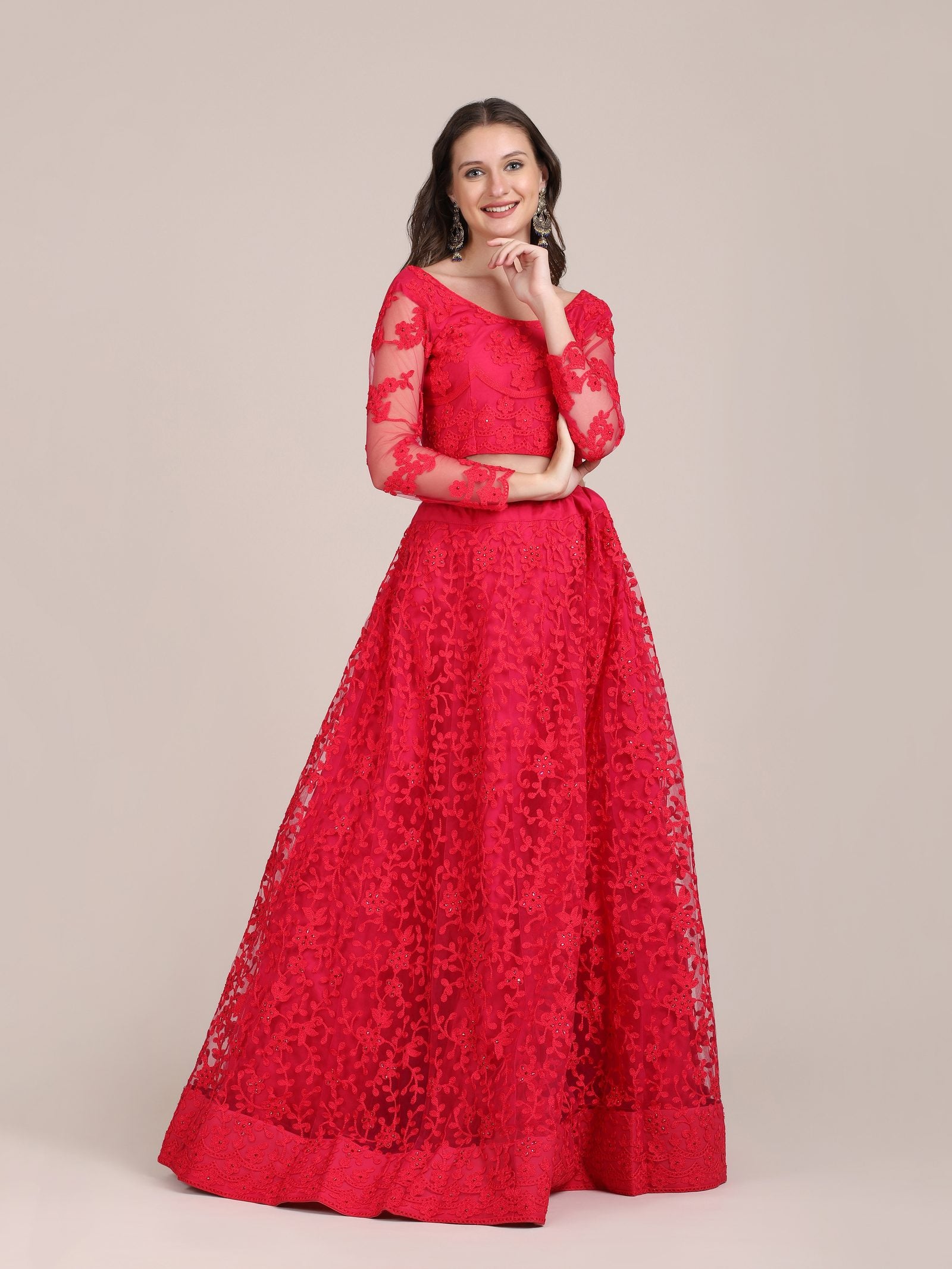 Elegant Pink Sequin Embroidered Festive & Party Wear Semi-Stitched Net Lehenga Choli with Designer Sleeve Work