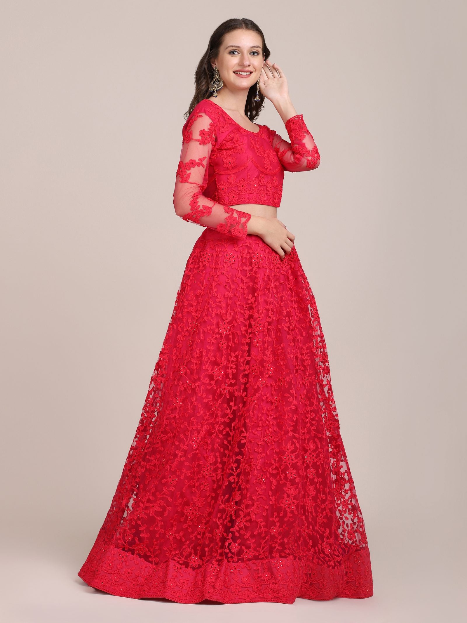 Elegant Pink Sequin Embroidered Festive & Party Wear Semi-Stitched Net Lehenga Choli with Designer Sleeve Work
