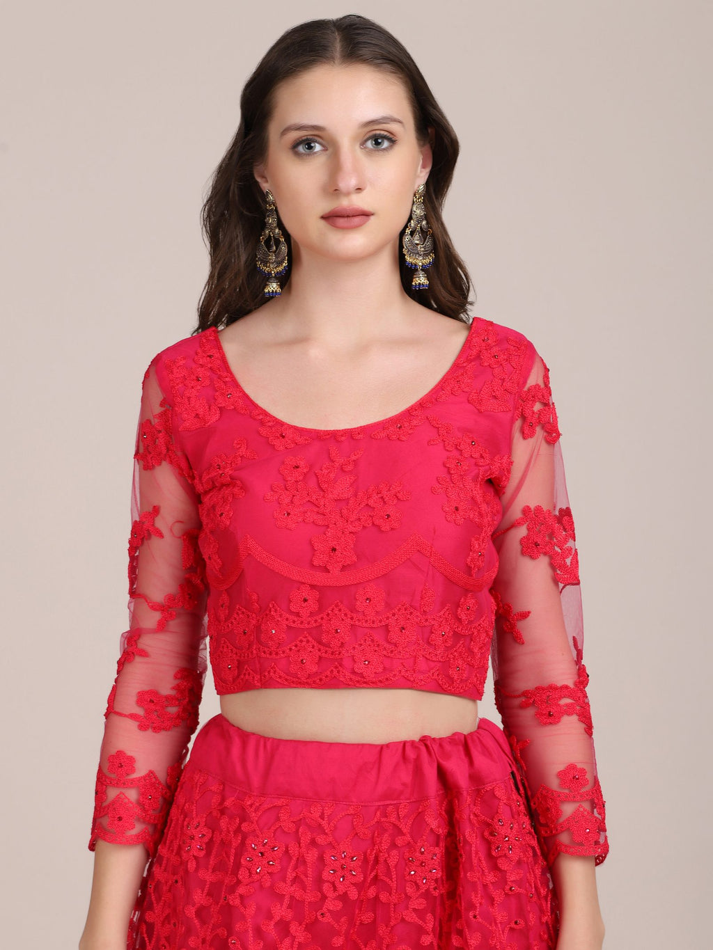 Elegant Pink Sequin Embroidered Festive & Party Wear Semi-Stitched Net Lehenga Choli with Designer Sleeve Work
