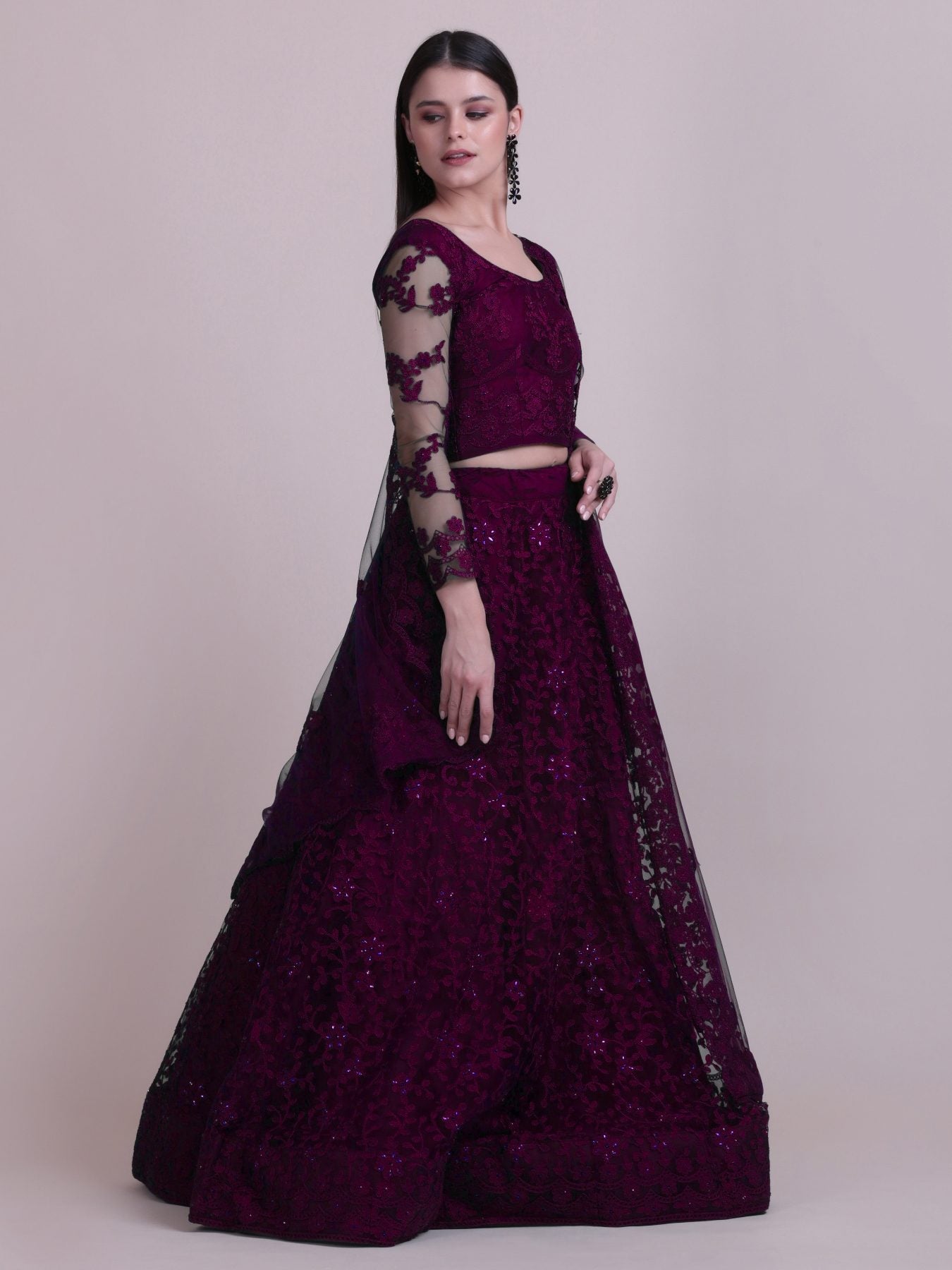 Elegant Wine Purple Sequin Embroidered Festive & Wedding Wear Semi-Stitched Net Lehenga Choli
