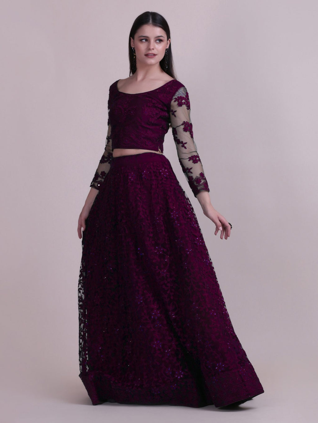 Elegant Wine Purple Sequin Embroidered Festive & Wedding Wear Semi-Stitched Net Lehenga Choli