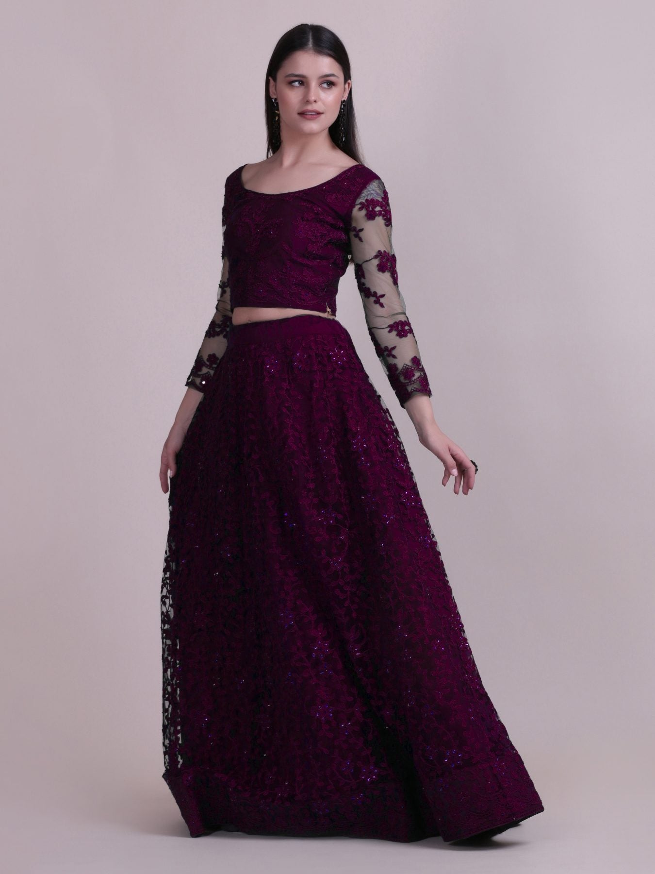 Elegant Wine Purple Sequin Embroidered Festive & Wedding Wear Semi-Stitched Net Lehenga Choli