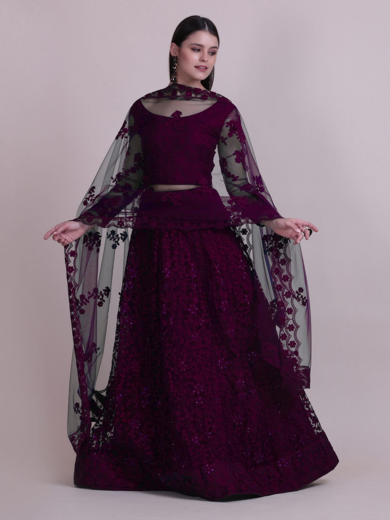 Elegant Wine Purple Sequin Embroidered Festive & Wedding Wear Semi-Stitched Net Lehenga Choli