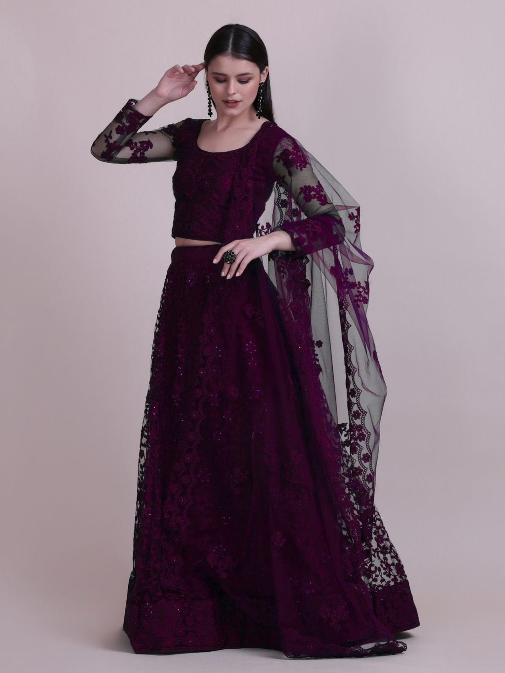 Elegant Wine Purple Sequin Embroidered Festive & Wedding Wear Semi-Stitched Net Lehenga Choli