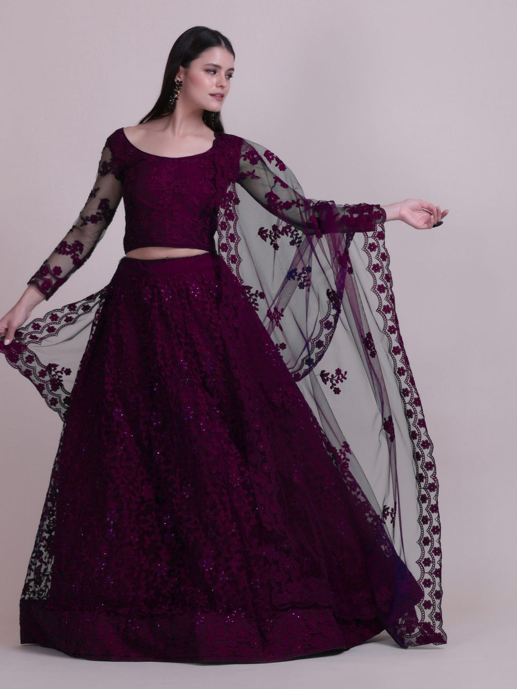 Elegant Wine Purple Sequin Embroidered Festive & Wedding Wear Semi-Stitched Net Lehenga Choli