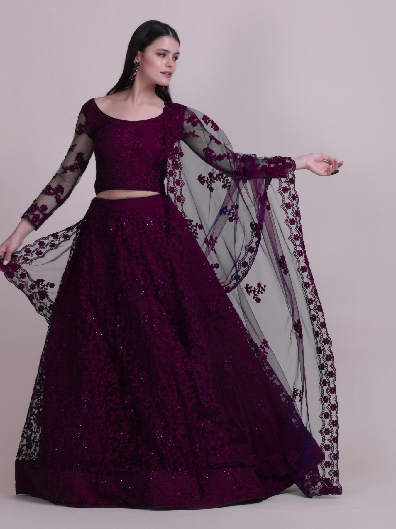Elegant Wine Purple Sequin Embroidered Festive & Wedding Wear Semi-Stitched Net Lehenga Choli