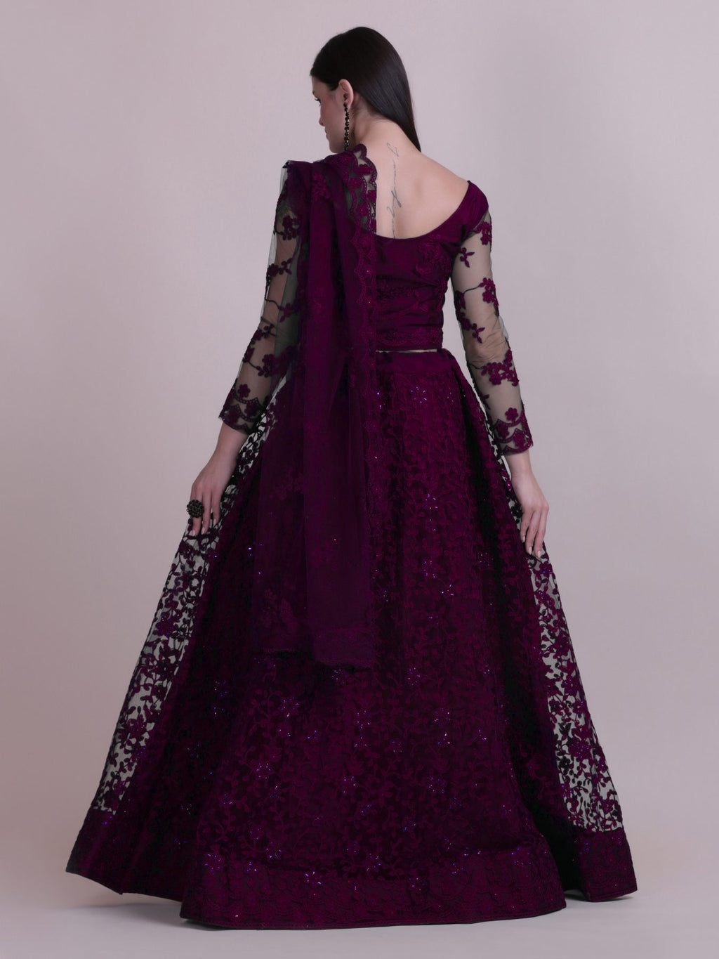 Elegant Wine Purple Sequin Embroidered Festive & Wedding Wear Semi-Stitched Net Lehenga Choli