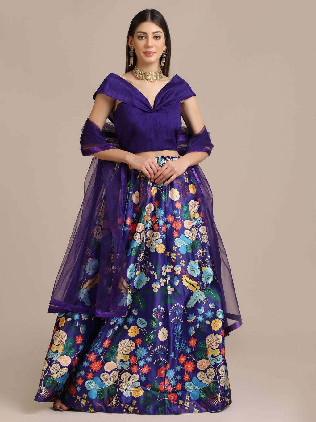 Elegant Royal Purple Festive Wear Semi-Stitched Crepe Lehenga Choli with Digital Floral Print & Soft Net Dupatta
