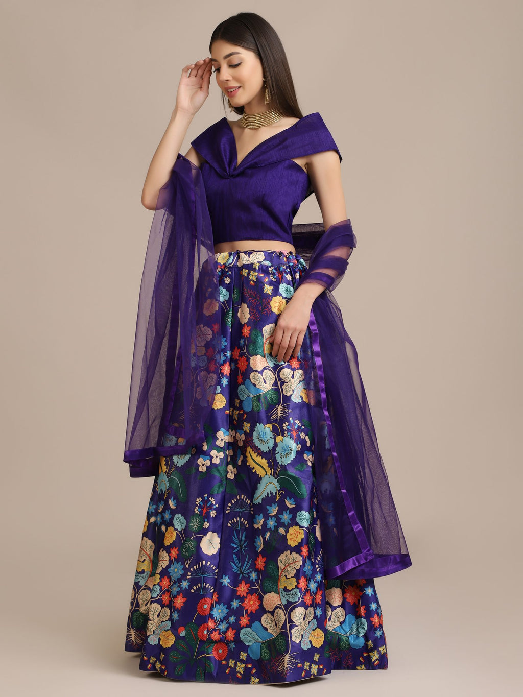 Elegant Royal Purple Festive Wear Semi-Stitched Crepe Lehenga Choli with Digital Floral Print & Soft Net Dupatta