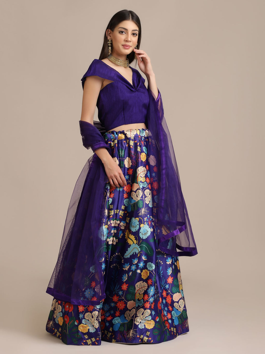 Elegant Royal Purple Festive Wear Semi-Stitched Crepe Lehenga Choli with Digital Floral Print & Soft Net Dupatta