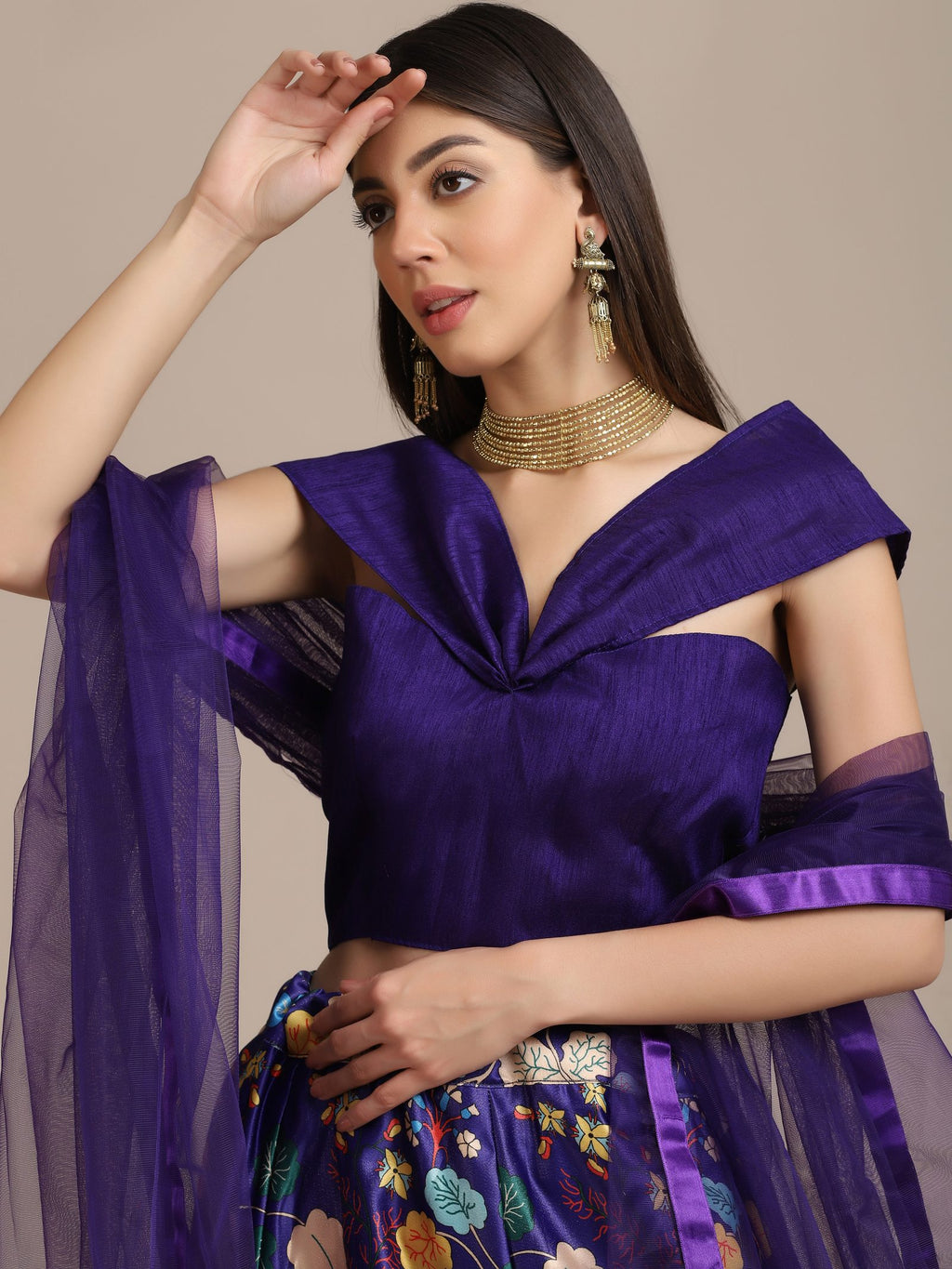 Elegant Royal Purple Festive Wear Semi-Stitched Crepe Lehenga Choli with Digital Floral Print & Soft Net Dupatta