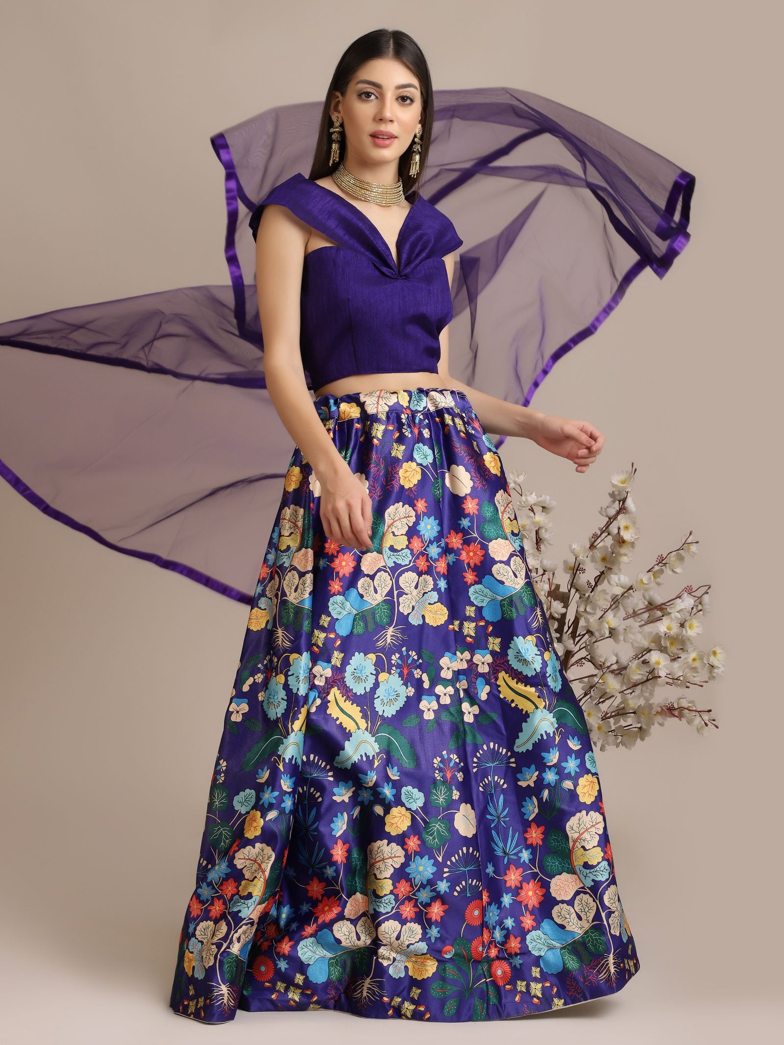 Elegant Royal Purple Festive Wear Semi-Stitched Crepe Lehenga Choli with Digital Floral Print & Soft Net Dupatta
