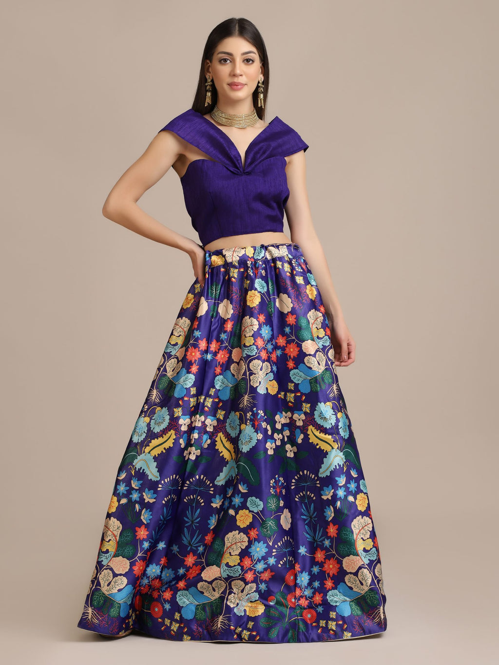 Elegant Royal Purple Festive Wear Semi-Stitched Crepe Lehenga Choli with Digital Floral Print & Soft Net Dupatta