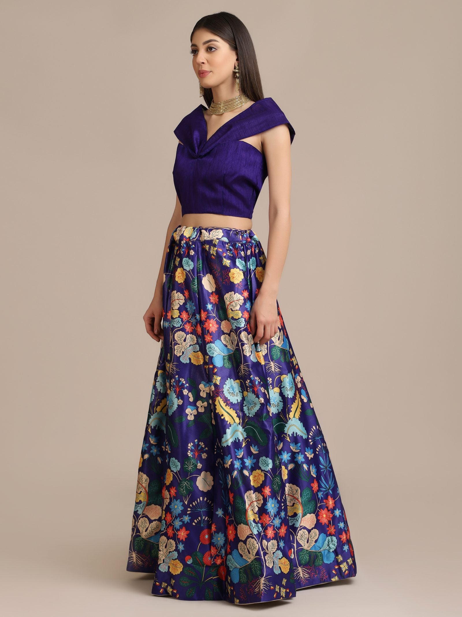 Elegant Royal Purple Festive Wear Semi-Stitched Crepe Lehenga Choli with Digital Floral Print & Soft Net Dupatta