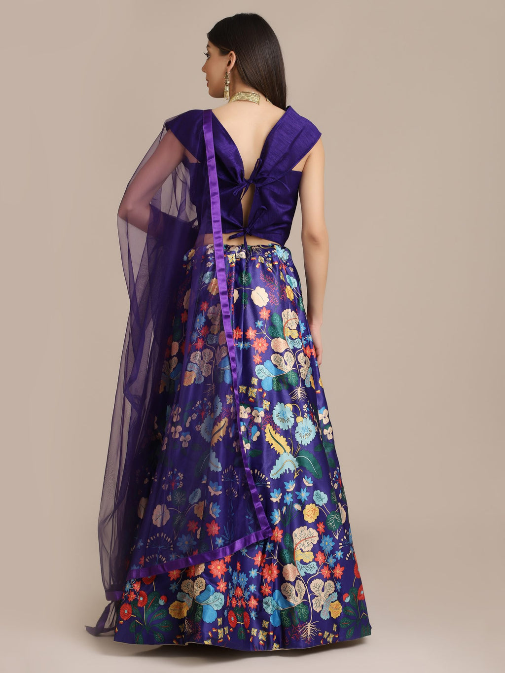 Elegant Royal Purple Festive Wear Semi-Stitched Crepe Lehenga Choli with Digital Floral Print & Soft Net Dupatta