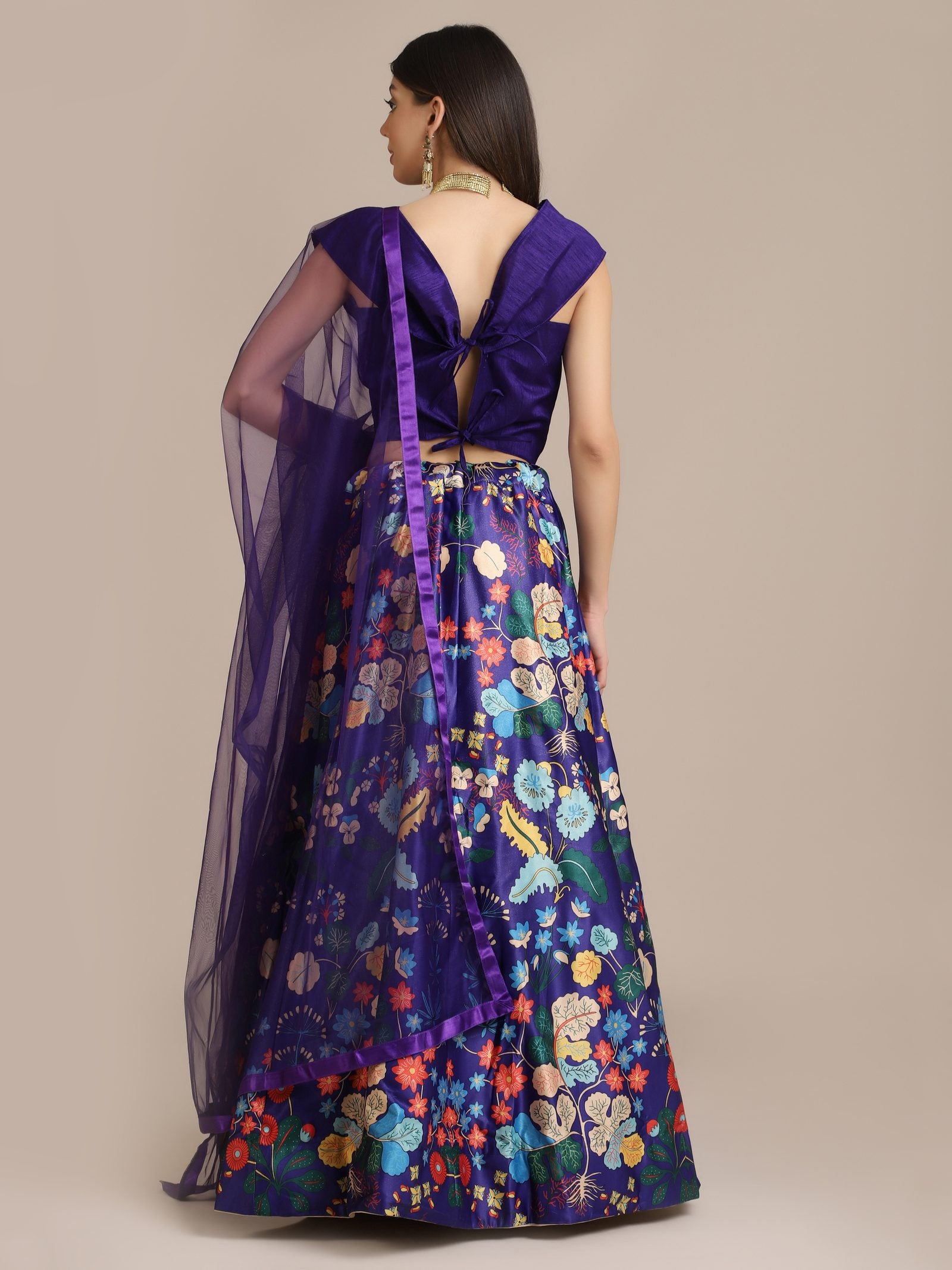 Elegant Royal Purple Festive Wear Semi-Stitched Crepe Lehenga Choli with Digital Floral Print & Soft Net Dupatta