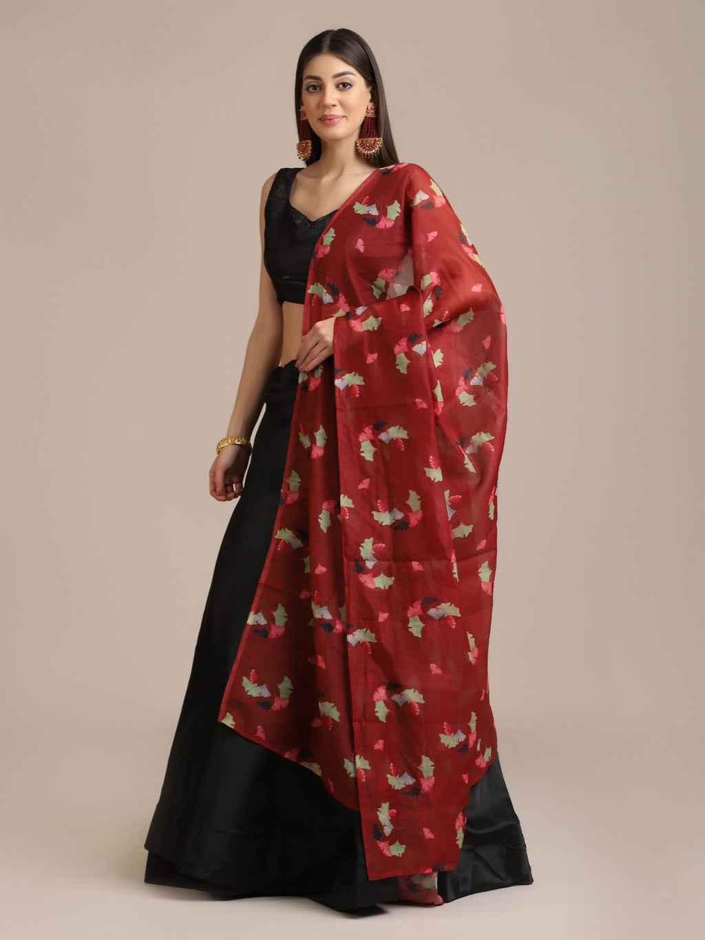 Black & Red Festive and Party Wear Semi-Stitched Taffeta Silk Lehenga Choli with Floral Print Dupatta