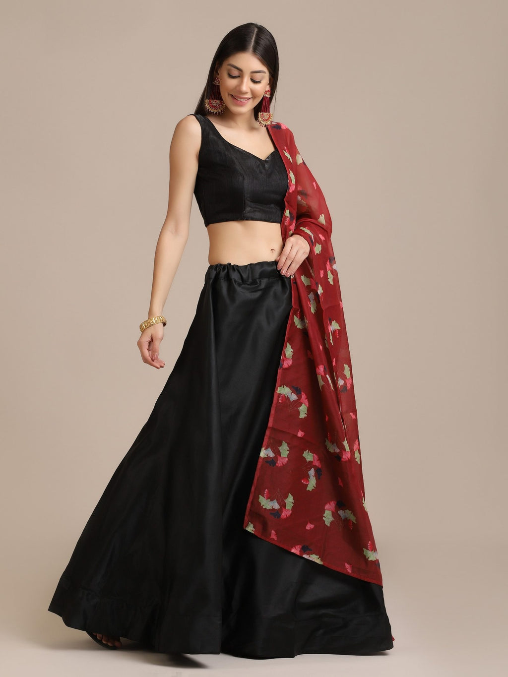 Black & Red Festive and Party Wear Semi-Stitched Taffeta Silk Lehenga Choli with Floral Print Dupatta