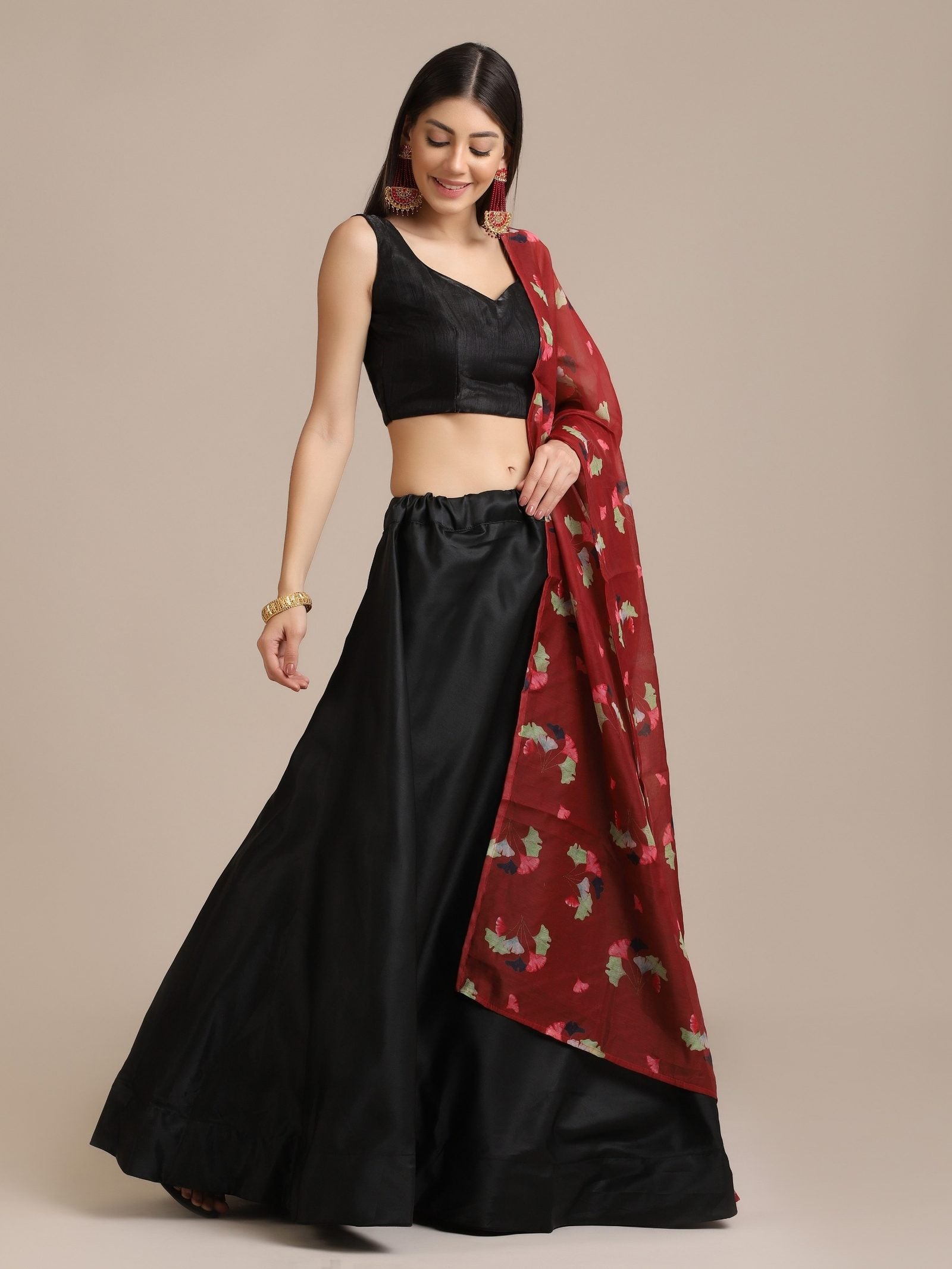 Black & Red Festive and Party Wear Semi-Stitched Taffeta Silk Lehenga Choli with Floral Print Dupatta