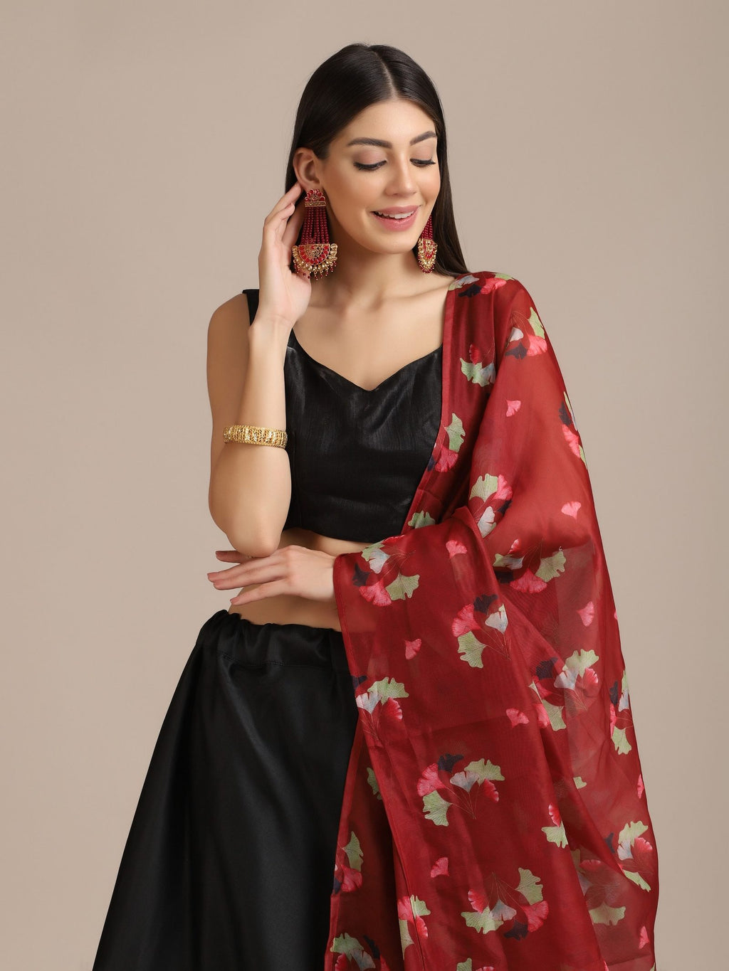 Black & Red Festive and Party Wear Semi-Stitched Taffeta Silk Lehenga Choli with Floral Print Dupatta