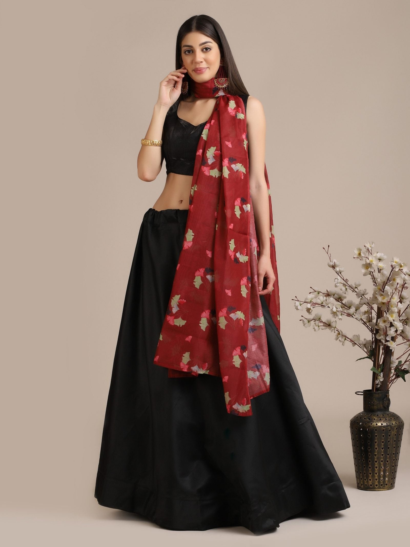 Black & Red Festive and Party Wear Semi-Stitched Taffeta Silk Lehenga Choli with Floral Print Dupatta