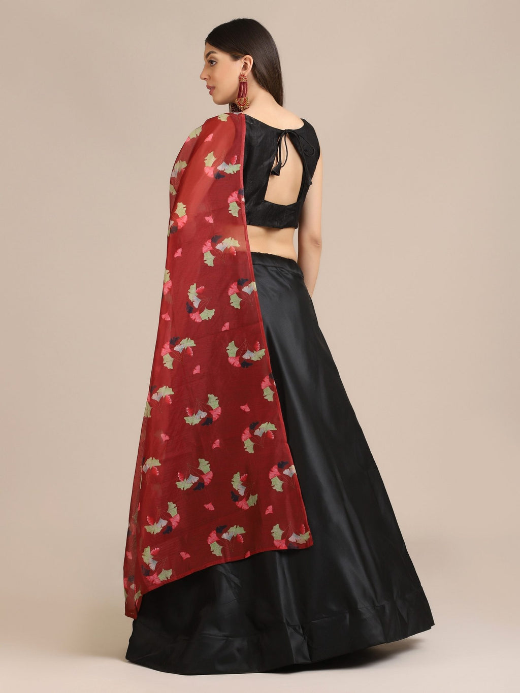 Black & Red Festive and Party Wear Semi-Stitched Taffeta Silk Lehenga Choli with Floral Print Dupatta