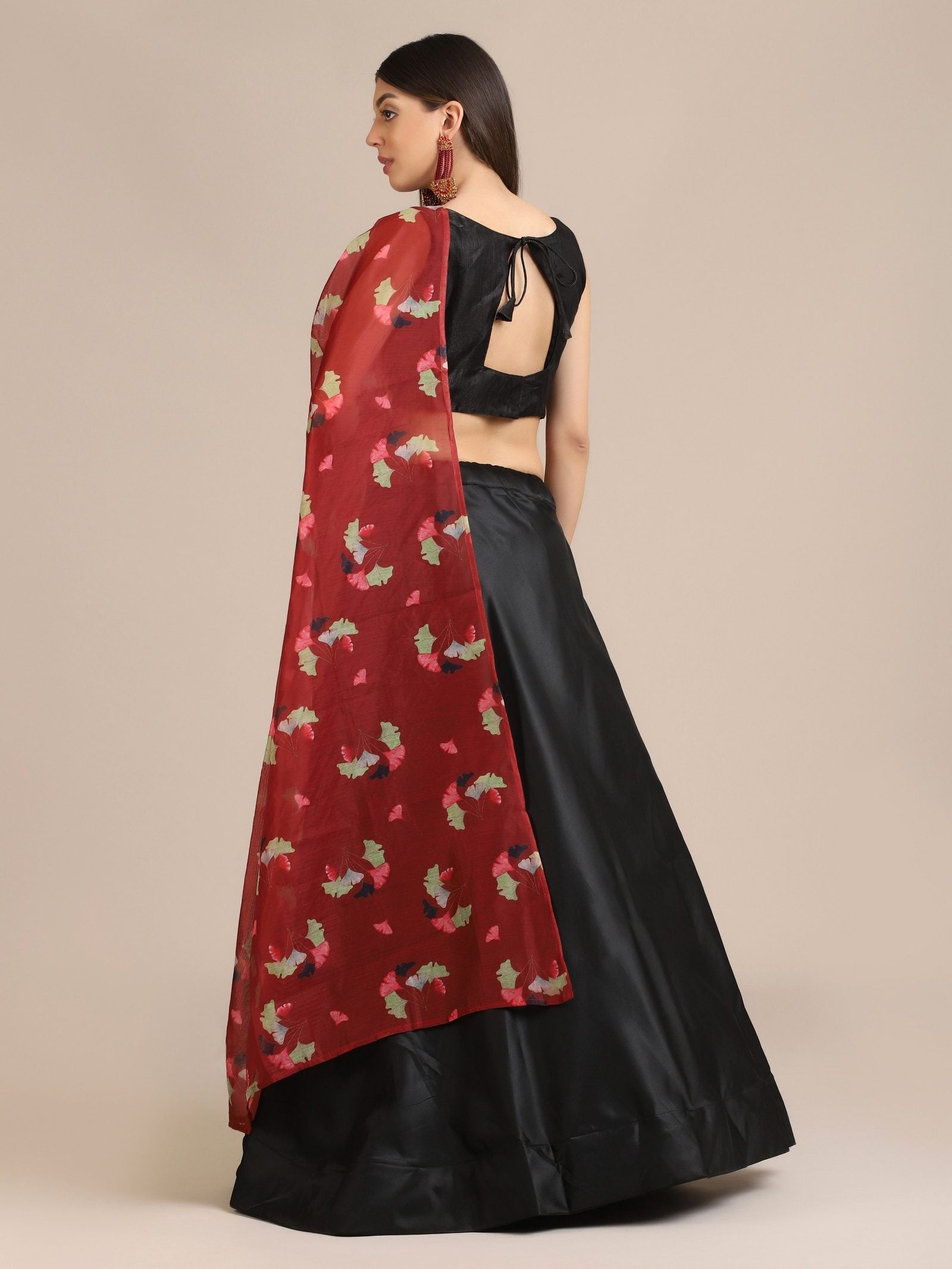 Black & Red Festive and Party Wear Semi-Stitched Taffeta Silk Lehenga Choli with Floral Print Dupatta