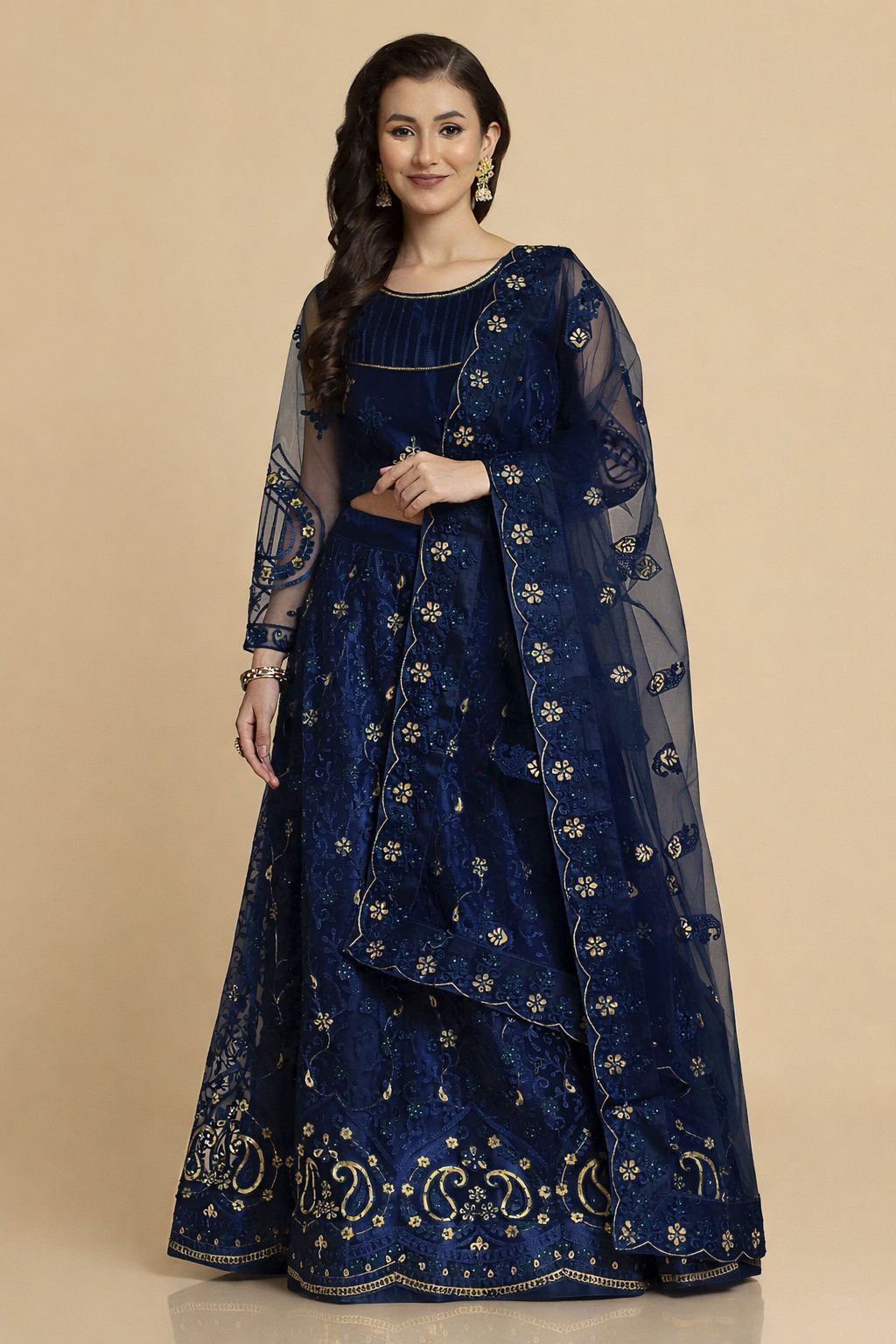 Elegant Emerald Blue Party & Festive Wear Semi-Stitched Net Lehenga Choli with Floral Embroidered Work