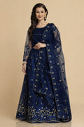 Elegant Emerald Blue Party & Festive Wear Semi-Stitched Net Lehenga Choli with Floral Embroidered Work