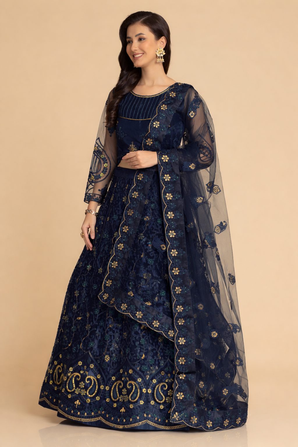 Elegant Emerald Blue Party & Festive Wear Semi-Stitched Net Lehenga Choli with Floral Embroidered Work