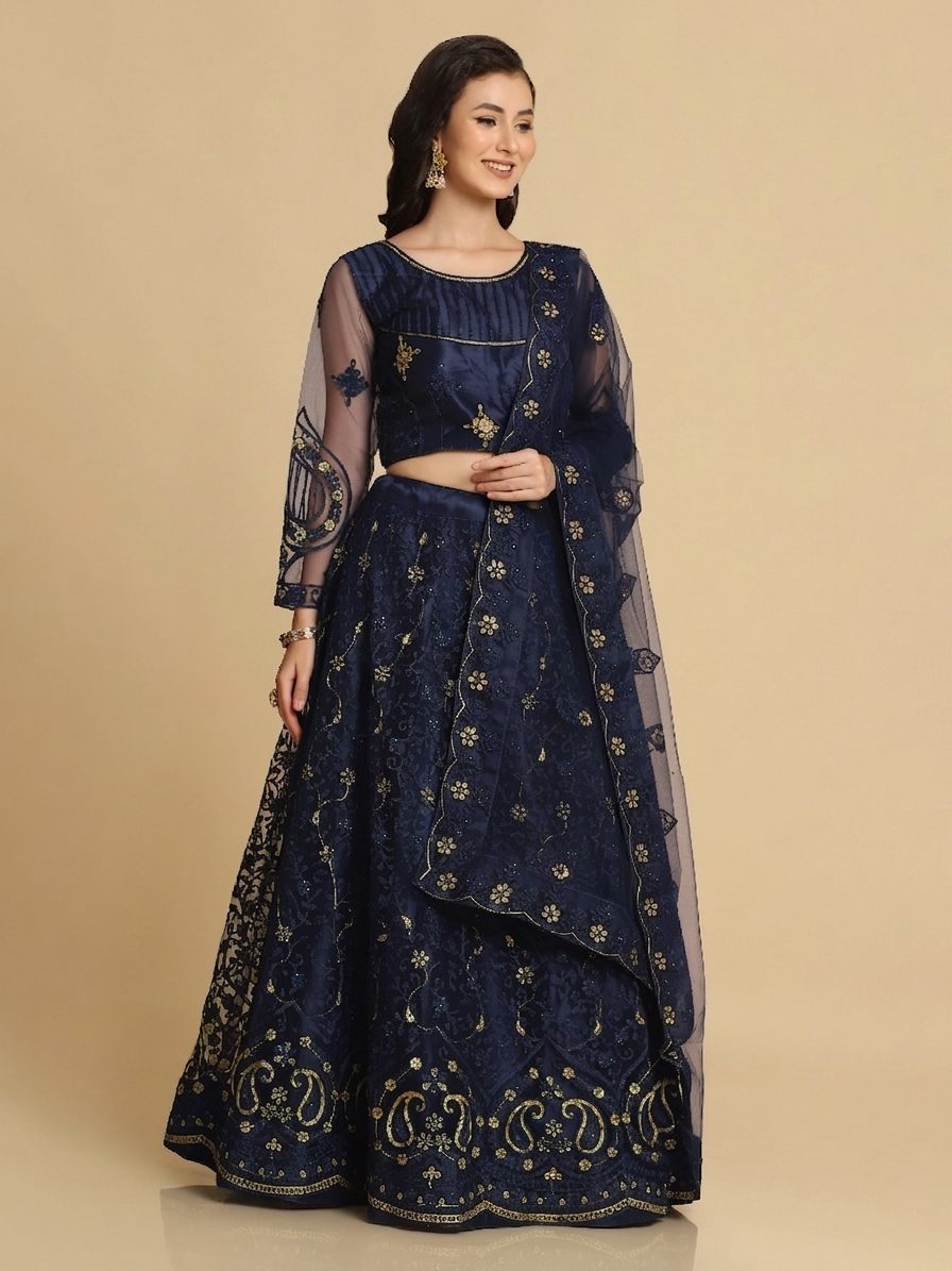 Elegant Emerald Blue Party & Festive Wear Semi-Stitched Net Lehenga Choli with Floral Embroidered Work