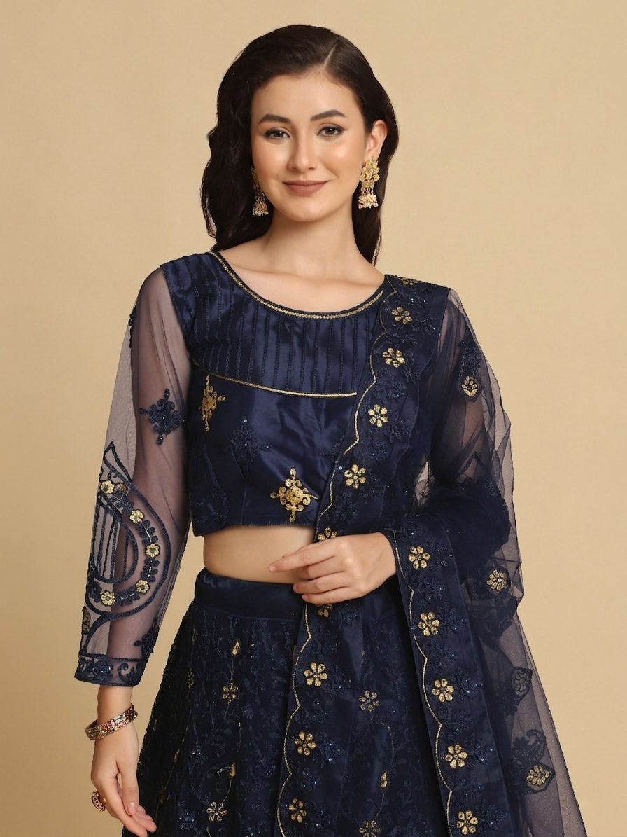Elegant Emerald Blue Party & Festive Wear Semi-Stitched Net Lehenga Choli with Floral Embroidered Work