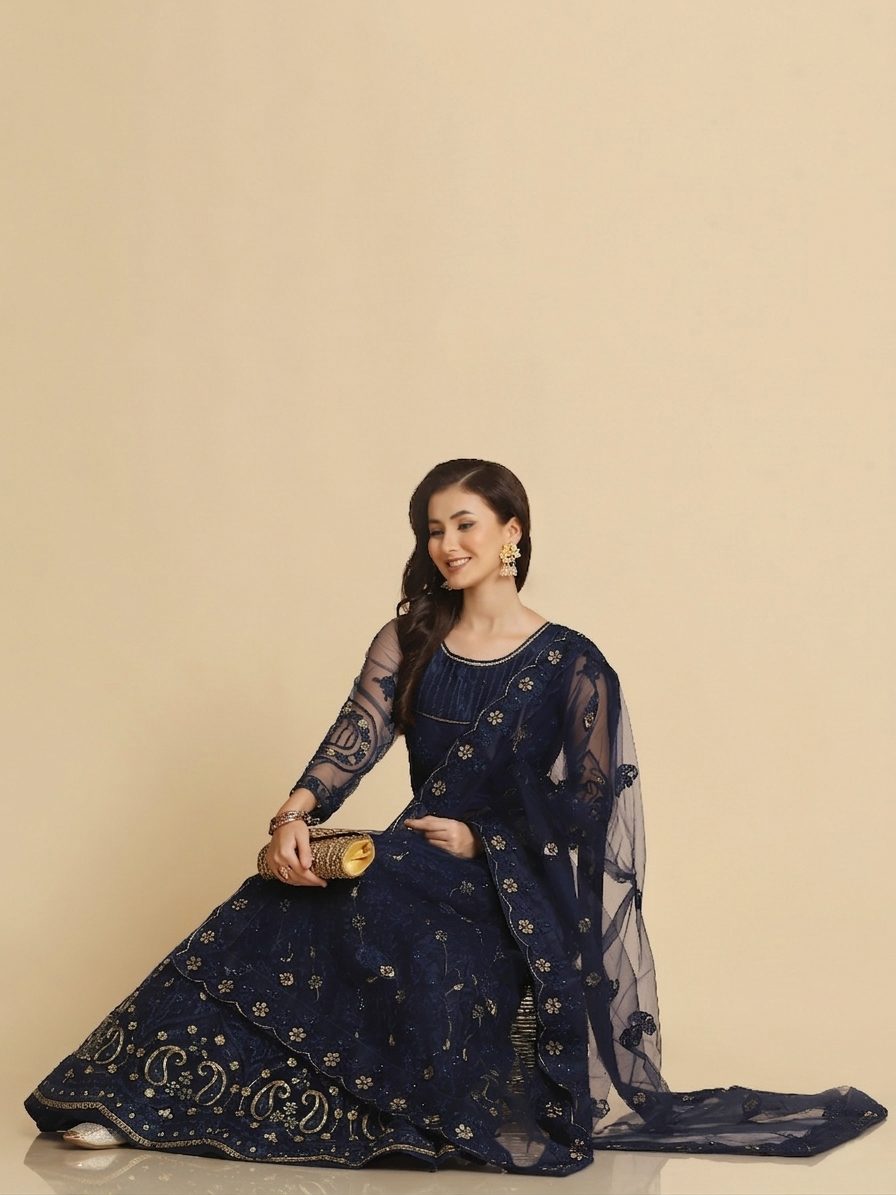 Elegant Emerald Blue Party & Festive Wear Semi-Stitched Net Lehenga Choli with Floral Embroidered Work