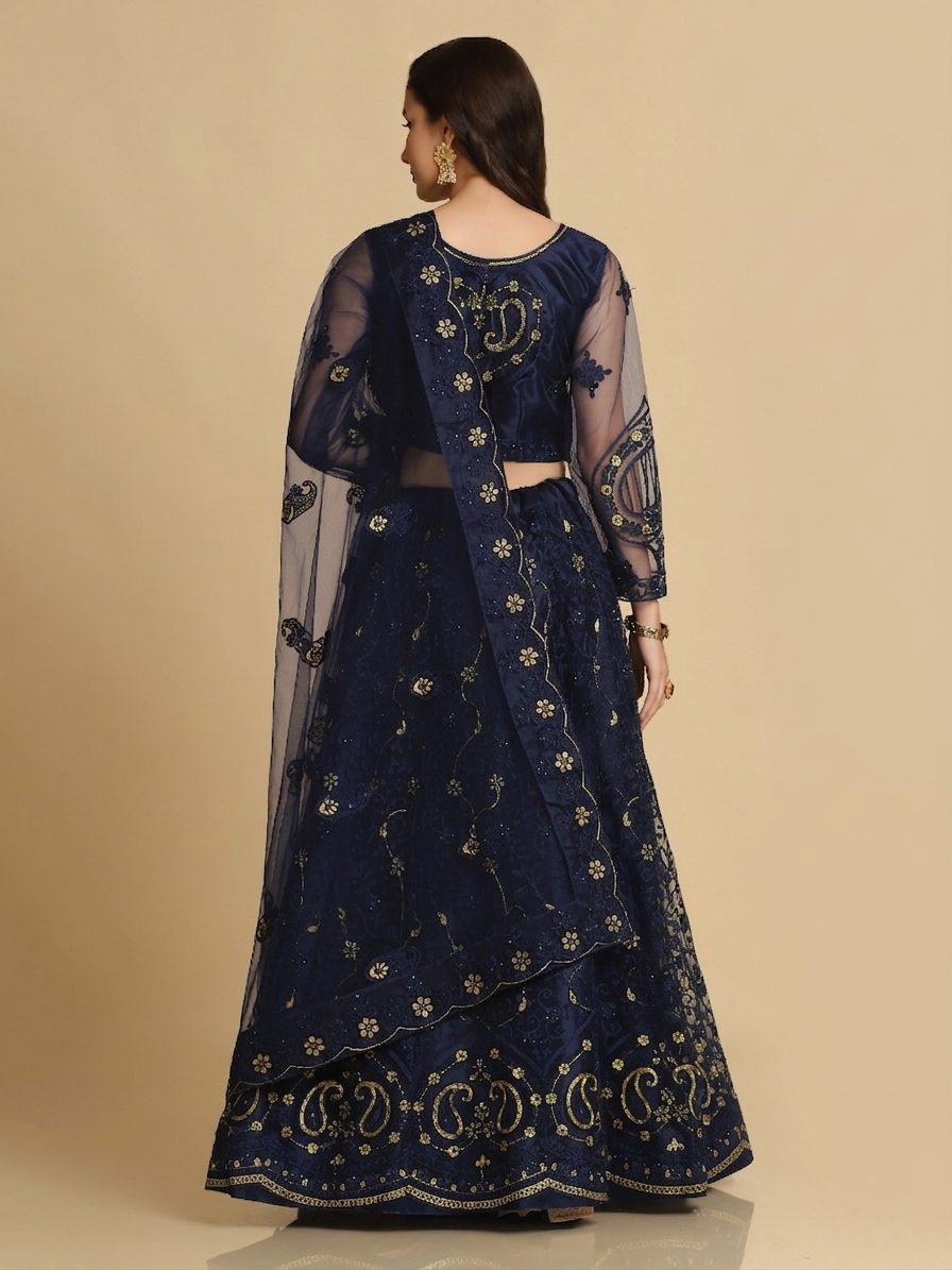 Elegant Emerald Blue Party & Festive Wear Semi-Stitched Net Lehenga Choli with Floral Embroidered Work