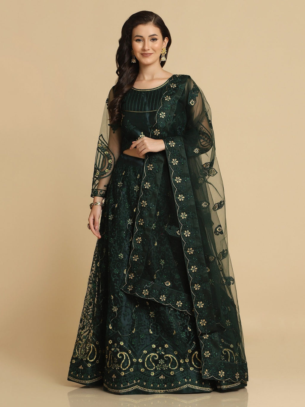 Elegant Emerald Green Party & Festive Wear Semi-Stitched Net Lehenga Choli with Floral Embroidered Work