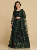 Elegant Emerald Green Party & Festive Wear Semi-Stitched Net Lehenga Choli with Floral Embroidered Work