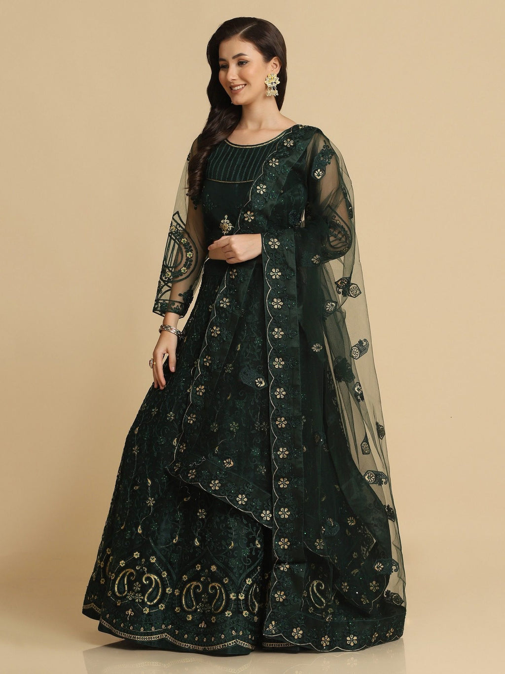 Elegant Emerald Green Party & Festive Wear Semi-Stitched Net Lehenga Choli with Floral Embroidered Work